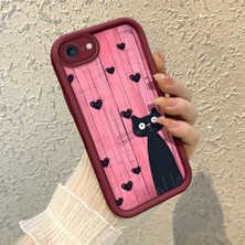 HONTINGA iPhone Se 2020 ile Uyumlu Kılıfı Düşüme Önleyici Basitlik Anti Düşme Kamera Korumali Şirin Kedi Desen Bordo Yumuşak Silikon Telefon Kılıfı K2-7183