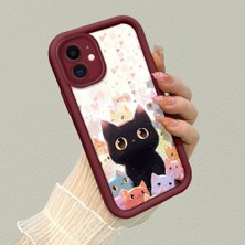 HONTINGA iPhone 12 ile Uyumlu Kılıfı Düşüme Önleyici Basitlik Anti Düşme Kamera Korumali Şirin Kedi Desen Bordo Yumuşak Silikon Telefon Kılıfı K2-7183