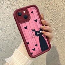HONTINGA iPhone 15 Plus ile Uyumlu Kılıfı Düşüme Önleyici Basitlik Anti Düşme Kamera Korumali Şirin Kedi Desen Bordo Yumuşak Silikon Telefon Kılıfı K2-7183