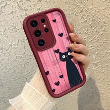 HONTINGA Samsung Galaxy S25 Ultra ile Uyumlu Kılıfı Düşüme Önleyici Basitlik Anti Düşme Kamera Korumali Şirin Kedi Desen Bordo Yumuşak Silikon Telefon Kılıfı K2-7183