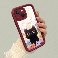 HONTINGA iPhone 15 Plus ile Uyumlu Kılıfı Düşüme Önleyici Basitlik Anti Düşme Kamera Korumali Şirin Kedi Desen Bordo Yumuşak Silikon Telefon Kılıfı K2-7183