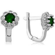 Fumeyabi Gümüş Yeşil Çiçek Desenli Yuvarlak J Kadın Küpe