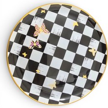 Sudedi Home Gerçek Altın Yaldızlı Cam Pasta Tabağı 21 cm Siyah Beyaz Dama Desenli 2 Kişilik Set