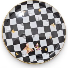 Sudedi Home Gerçek Altın Yaldızlı Cam Pasta Tabağı 21 cm Siyah Beyaz Dama Desenli 1 Kişilik Set