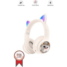 Angelphoto  HD11 Beyaz Sevimli Kedi Karükatür Kulak LED Işıklı 5.3 Bluetooth Kulak Üstü Kulaklık