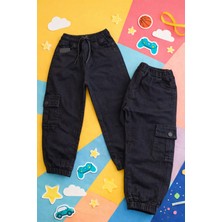 Bulut Anne ve Çocuk Kargo Pantolon Denim Siyah %98 Pamuklu Bel ve Paça Lastikli Kargo Cepli Kız Çocuk Unisex Pantolon