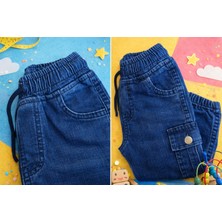 Bulut Anne ve Çocuk Kargo Pantolon Mavi Denim %98 Pamuklu Bel ve Paça Lastikli Kargo Cepli Kız Çocuk Unisex Pantolon