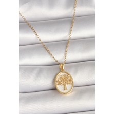 Butik 316L Çelik Gold Renk Zincir Zirkon Taş Detaylı Beyaz Mineli Ağaç Işlemeli Portre Model Kadın Kolye