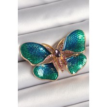 FRY Pirinç Gold Renk Turquaz Model Zirkon Taş Detaylı Kelebek Model Kadın Broş