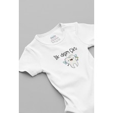 Overoz Beyaz Zıbın İlk Dişim Çıktı Baskılı Bebek Body %100 Pamuk Kısa Kollu