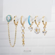 Zuum Özel Tasarım 14K Turkuaz Detay Zirkon Taşlı 6 lı Set Çelik Küpe