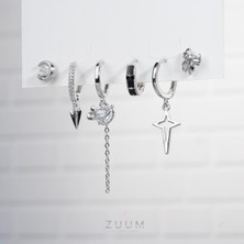 Zuum Özel Tasarım Gümüş Renk Karma Detay Zirkon Taşlı 6 lı Set Çelik Küpe