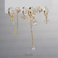 Zuum Özel Tasarım 14K Zincir Sallantı Detay Zirkon Taşlı 6 lı Set Çelik Küpe