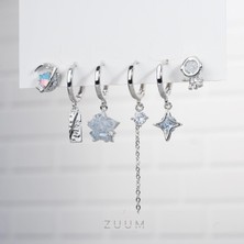 Zuum Özel Tasarım Gümüş Renk Yıldız Detay Zirkon Taşlı 6 lı Set Çelik Küpe