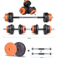 Feyza Design 17 kg Çok Fonksiyonlu Turuncu Siyah Halter ve Dambıl Seti