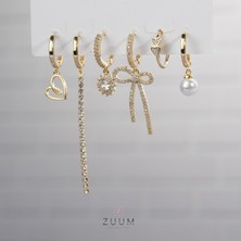 Zuum Özel Tasarım 14K Fiyonk Detay Zirkon Taşlı 6 lı Set Çelik Küpe