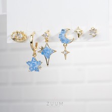 Zuum Özel Tasarım 14K Ay Yıldız Detay Zirkon Taşlı 6 lı Set Çelik Küpe