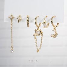 Zuum Özel Tasarım 14K Zincir Sallantılı Zirkon Taşlı 6 lı Set Çelik Küpe