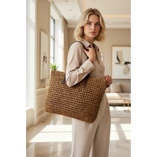 Benerly Kadın Büyük Beden Hasır El Örgüsü Dokuma Omuz Çantası Geniş Iç Hacimli Günlük Kullanım Şık