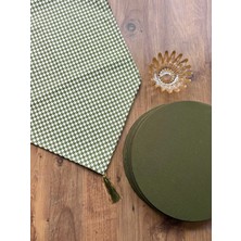 Halfart Yeşil Kazayağı Desenli Runner ve 6’lı Yeşil Supla Takımı | Duck Keten | Şık Masa Takımı