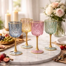 Hubart 4 Renkli Kristal Desenli Altın Ayaklı Cam Kadeh Seti 4’lü | Su, Şarap ve Içecek Kadehi | Şık Sofra & Davet Sunumu