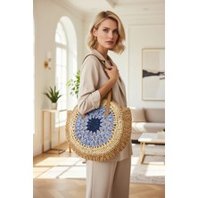Benerly Kadın El Örgüsü Yuvarlak Hasır Omuz Çanta Dokuma Yapı Orta Boy Yazlık Günlük Kullanım Için Tasarım