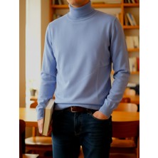 Sdnyazo Premium Erkek Kaşmir Ve Yünlü Açık Mavi Tam Balıkçı Yaka Slim Fit Fitilli Triko Kazak