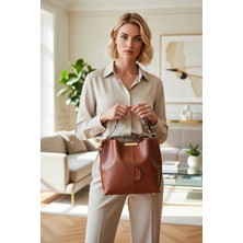 Benerly Kadın Zincir Fular Detaylı Çapraz Askılı Omuz Çanta Düz Görünümlü Dokuma Materyal