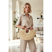 Benerly Kadın Hasır Örgü Oval Orta Boy El Çantası Dokuma Yapı Sap Detaylı Geniş Iç Hacimli Model Şık