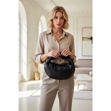 Benerly Kadın Mini Oval Omuz Çanta Fermuarlı Kısa Büzgülü Saplı Dokuma Görünümlü Günlük Kullanım Aksesuar