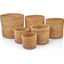 Braventa Collection 3'lü Doğal Hasır Yuvarlak Saksı Seti, Hasır Yuvarlak Örgü Saksı 3'lü Set, Rattan Saksı Seti, (22CM*1
