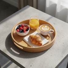 Braventa Collection Taşıma Kulplu Yuvarlak Bambu Tepsi (30 Cm) | Servis Tepsisi | Kahve, Kahvaltı ve Dekoratif Masaüstü