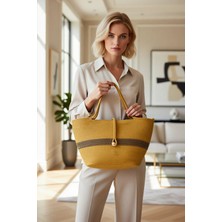 Benerly Kadın Orta Boy Omuz Çantası Kontrast Şerit Desenli Ahşap Detaylı Büzgülü Kapanma Günlük Kullanım