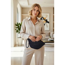 Benerly Kadın Mini Clutch Çanta Dokuma Yapı Fermuarlı Kapanış Çizgili Desen Küçük Boyut El Tipi Taşıma