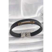 VeraGlobe Buğz 316L Çelik Gold Renk Zikzak Işlemeli Aksesuarlı Çift Sıra Burgu Desenli Deri Kordon Erkek Bileklik