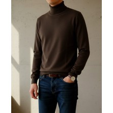 Sdnyazo Premium Erkek Kaşmir Ve Yünlü Koyu Kahverengi Balıkçı Yaka Slim Fit Triko Kazak