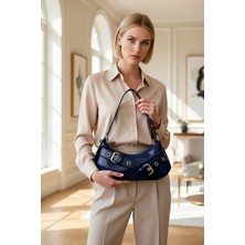 Benerly Kadın Kuşgözü Detaylı Kemer Toka Fermuarlı Baget Omuz Çanta Ayarlanabilir Askılı Parlak Yüzeyli