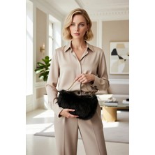 Benerly Kadın Suni Kürk Omuz Çanta Zincir Askılı Fermuar Kapamalı Dokuma Materyal Şık Gece Kullanım