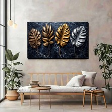 3D Metal Efektli Yaprak Kanvas Tablo – Gold & Silver Modern Duvar Dekoru