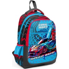 Braventa Collection Coral High Gri Mavi Yarış Arabası Desenli Erkek Çocuk Ilkokul Çantası ve Günlük Sırt Çantası