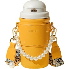 Braventa Collection Diller 580ML Kılıflı Inci Süslü Pipetli Askılı Paslanmaz Çelik Termos Matara (Turuncu-Beyaz)