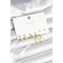 VeraGlobe Buğz Pirinç Gold Renk Kalp Detaylı 925 Ayar Gümüş Çivili Kadın Küpe Seti