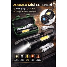 VeraGlobe Buğz USB Şarjlı Zoomlu Mini El Feneri Q5 Güçlü Işık Yan Cob LED Sos Mod Kutulu Şarj Kablolu Set