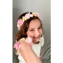 Kirpi Toka Papatya ve Pudra Lazer Çiçekli Kız Çocuk Saç Bandı Bileklik Seti