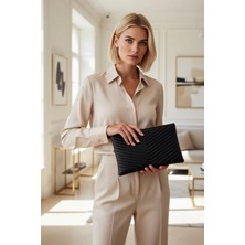 Benerly Kadın Dokulu Fermuarlı Bilek Askılı Clutch Çanta Çapraz Çizgili Desenli Kompakt Boyut Spor