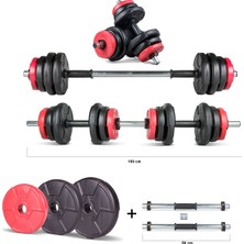 Feyza Design Çok Fonksiyonlu 22 kg Halter ve Dambıl Seti Kırmızı Siyah Kit