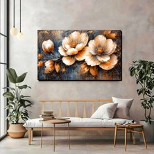 3D Dokulu Çiçek Kanvas Tablo — Gold & Krem Çiçek Tasarımı