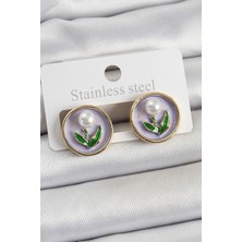 VeraGlobe Buğz Pirinç Mor Mineli Lale Figürlü Sanatsal Portre Model Gold Renk Kadın Küpe