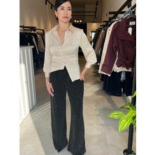 Patuta Butik Siyah Taşlı Crep Kumaş Beli Lastikli Pantolon