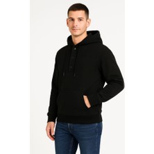 Etiler Collection Erkek Ovarsize Kapüşonlu Swetshirt Kanguru Çepli Cıtcıtlı 3 Iplik Şardonlu Hoodie - Siyah